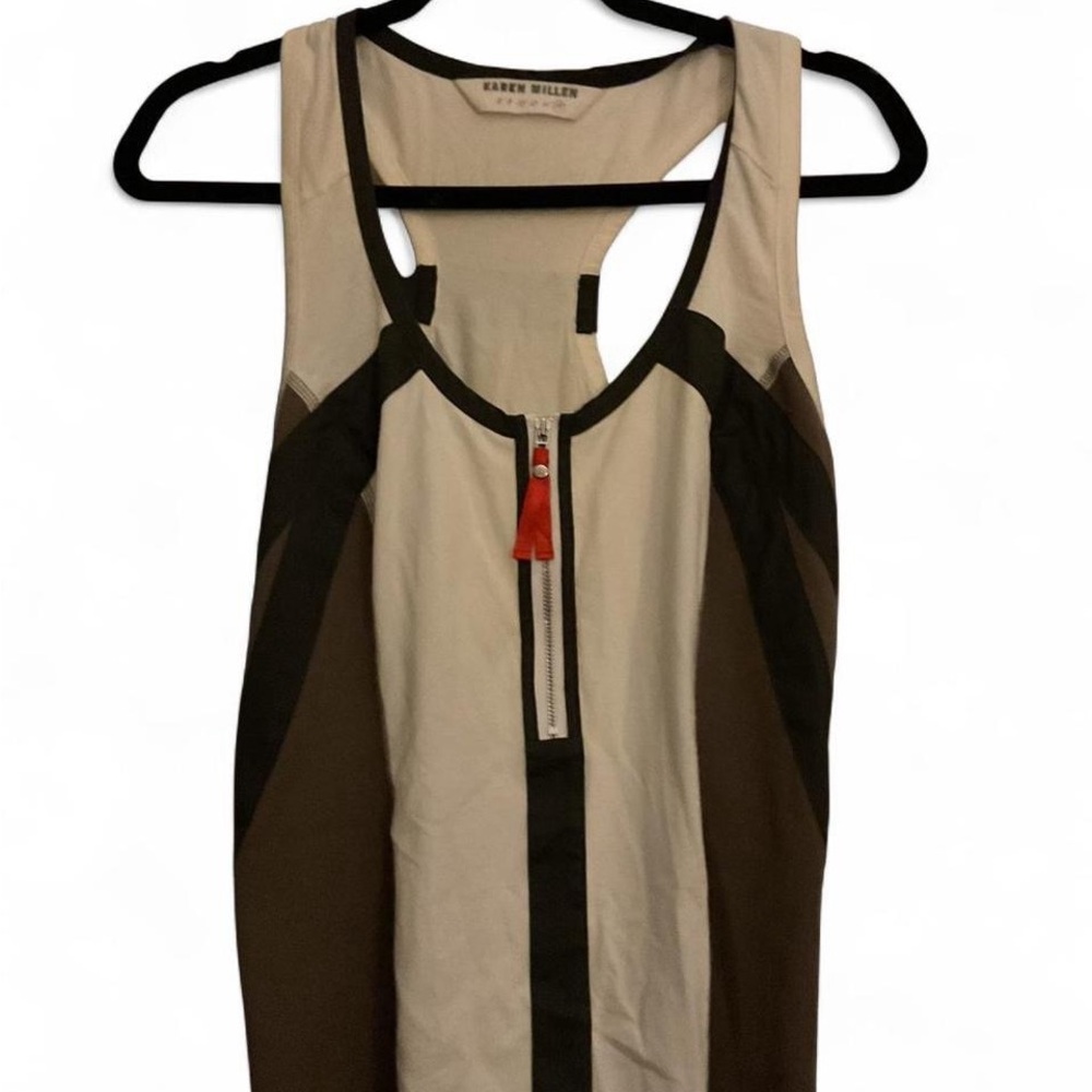 K Millen white and green tank top with zipper detail.